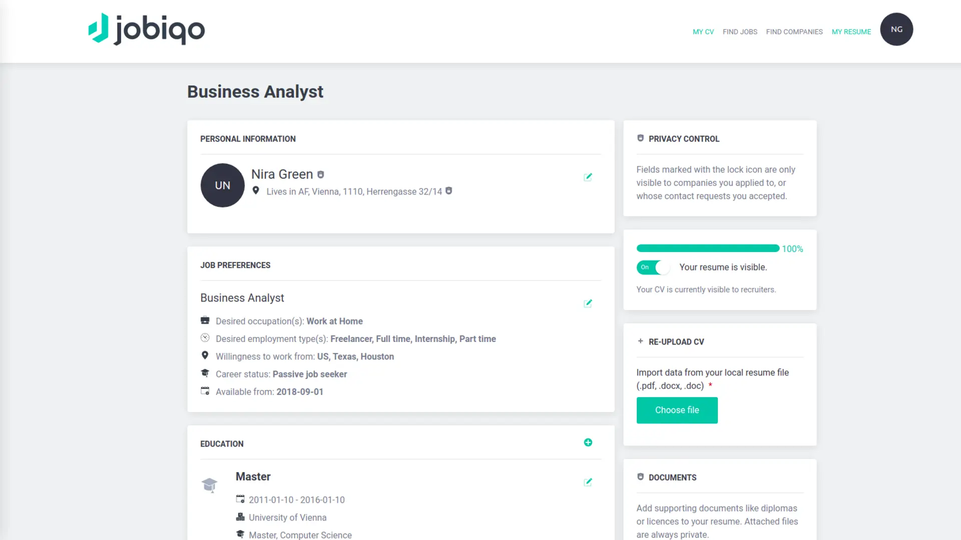 Resume page
